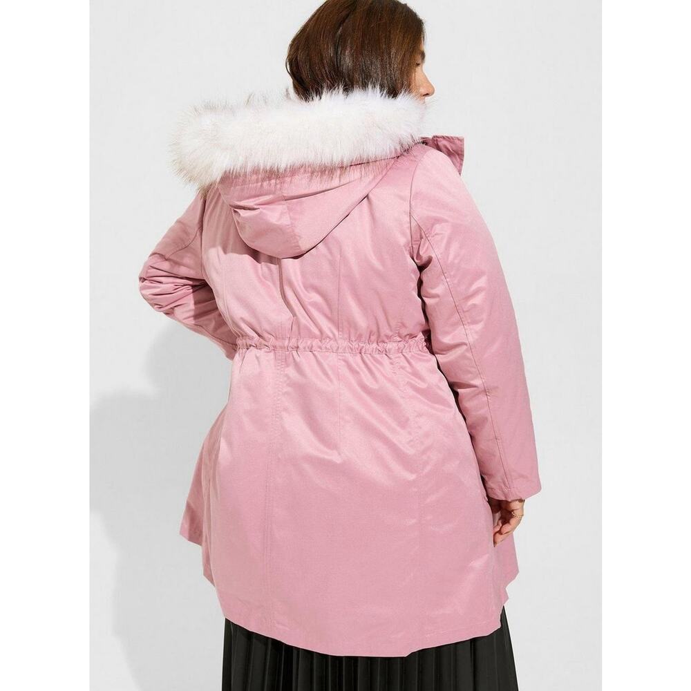 NWT Torrid Twill Faux Fur Trim Parka Pink 1X 14/16 Hooded Winter Coat Plus Cozy - Picture 10 of 11